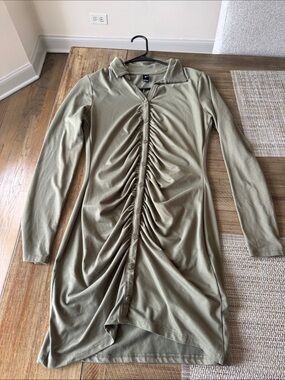 Windsor Olive Green Ruched Button-Front Long Sleeve Dress